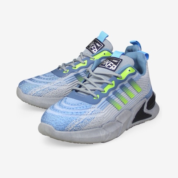 Men's Low Top Chunky Sole Lace Up Stripe Effect Sneaker in Blue and Grey Fabric - Picture 3 of 4